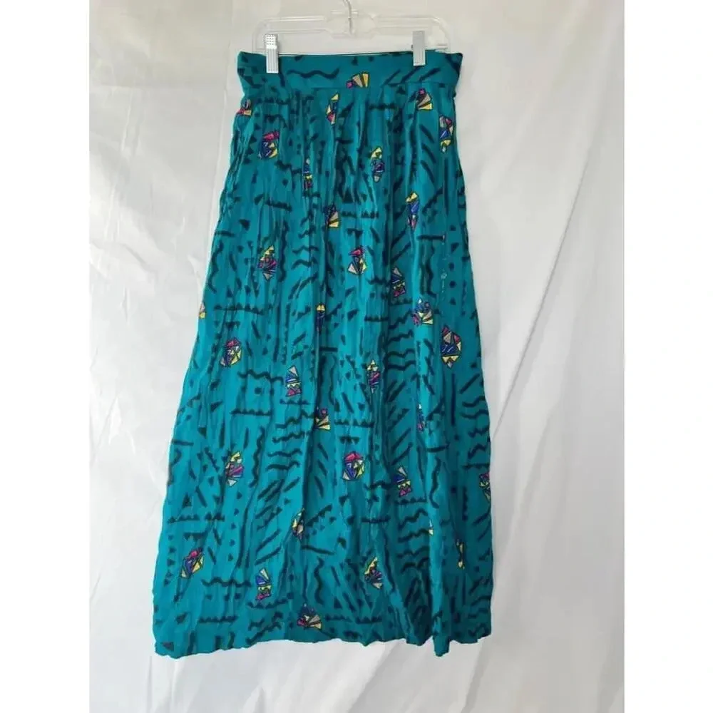 Vintage 90s Teal Abstract‎ Maxi Skirt High Waist Art Geometric Boho Womens 5